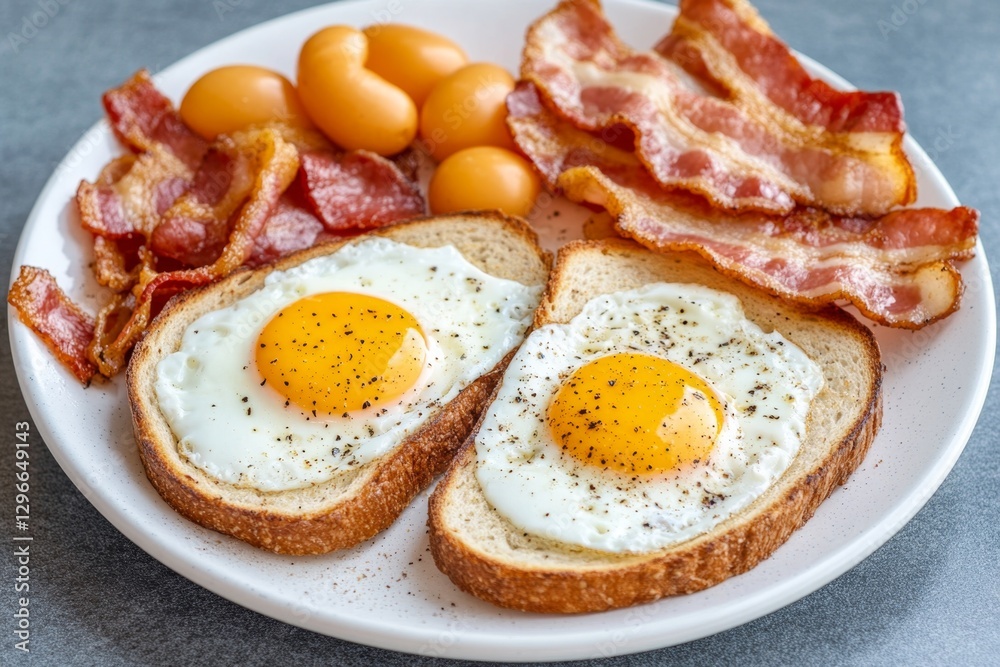 A rustic breakfast plate with fried eggs, crispy bacon, and buttered toast A rustic breakfast plate with fried eggs, crispy bacon, and buttered toast