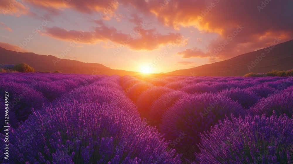 A lush field of lavender stretching to the horizon, gentle purple hues blending with the sunset sky A lush field of lavender stretching to the horizon, gentle purple hues blending with the sunset sky