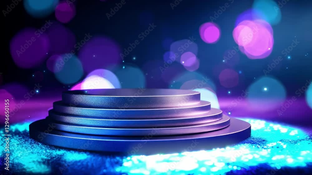 A futuristic 3D podium with asymmetrical layers, glowing electric blue edges, and a placard set against a dark galaxy-themed background