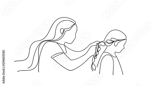 Single Line Drawing Mother Daughter Braiding Hair Love Care