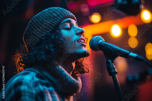 Female singer performing under neon stage lights with intense emotions photo