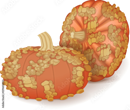 Group of Galeux de Eysines Squash or French Warted Pumpkin. Winter squash. Cucurbita maxima. Fruits and vegetables. Isolated vector illustration.