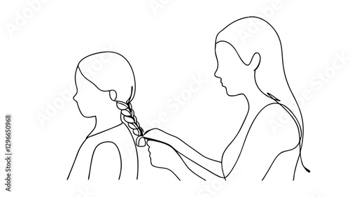 Mother Daughter Hair Braiding Bonding Love Line Art Sketch