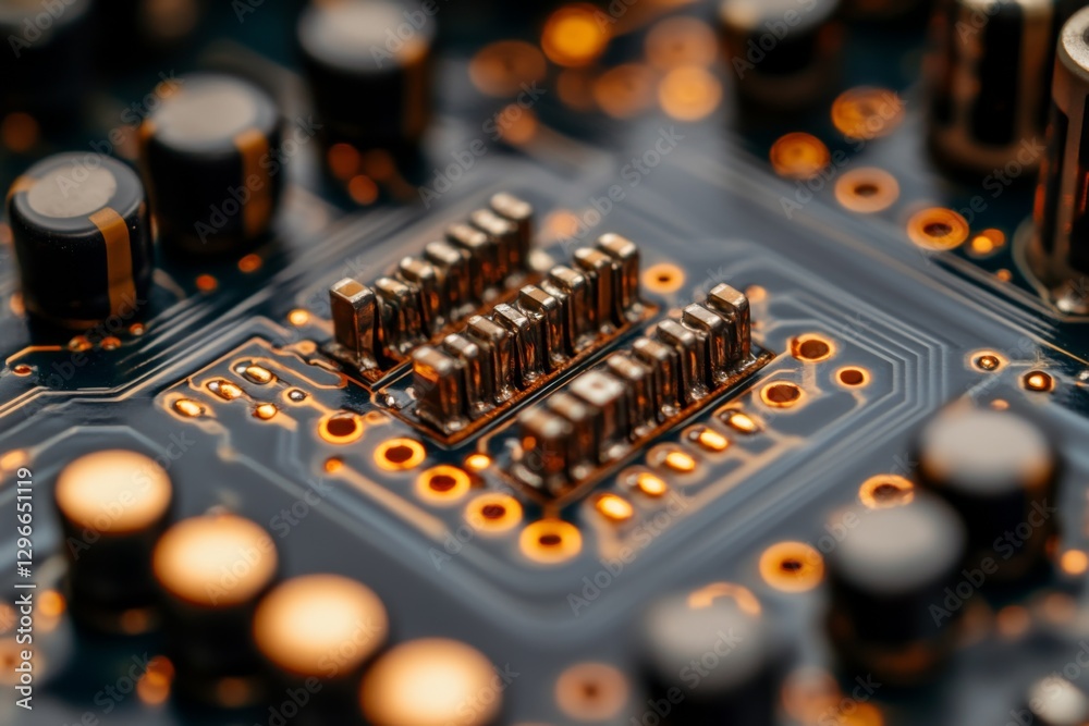 Close-up of an electronic circuit board with glowing microchips Close-up of an electronic circuit board with glowing microchips