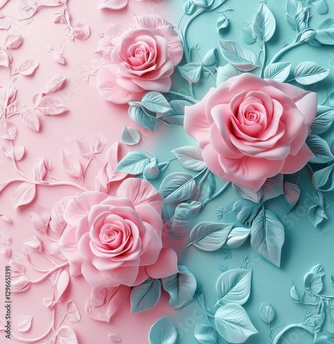 Beautiful pink and teal roses with intricate leaves create stunning floral design. soft colors and detailed textures evoke sense of elegance and tranquility