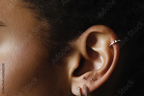 close-up of person ear adorned with multiple piercings and varied earrings showcasing art of body modification and