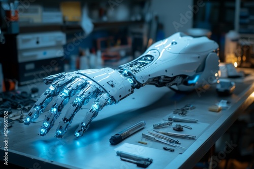 Robotic arm performing precise surgery on a patient in a high-tech medical setting photo