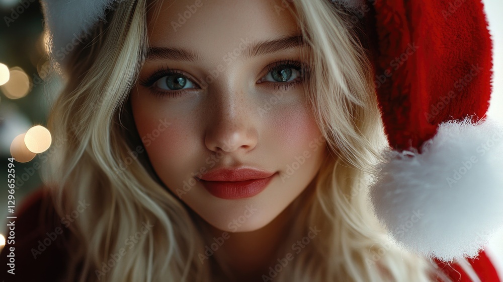 A beautiful young blonde beautician dressed like Santa Claus, Christmas mood A beautiful young blonde beautician dressed like Santa Claus, Christmas mood