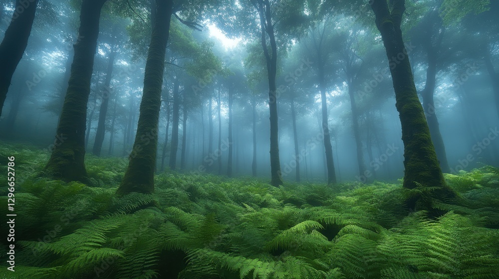 Fototapeta premium A misty forest with ferns and moss-covered trees, atmospheric and soft light filtering through