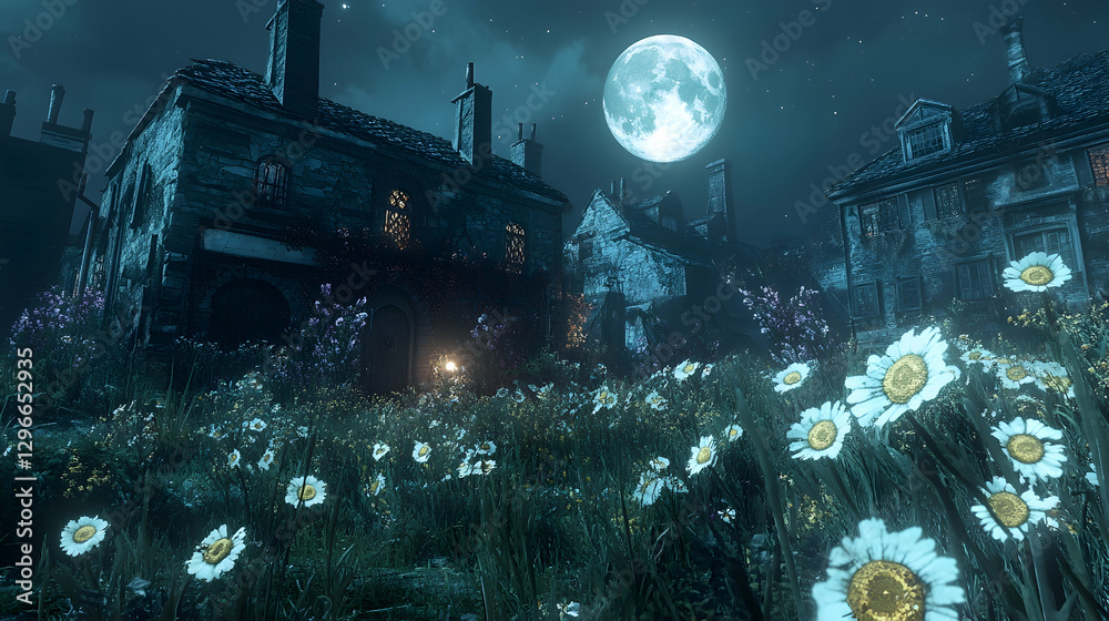 Obraz premium Enchanted Moonlit Village Surrounded by Wild Daisies at Night