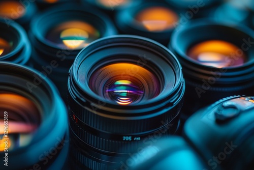 Collection of professional camera lenses with reflections of studio lights photo