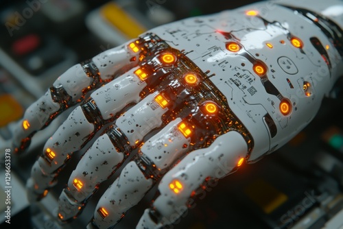 Futuristic robotic hand with illuminated circuits and high-tech details photo