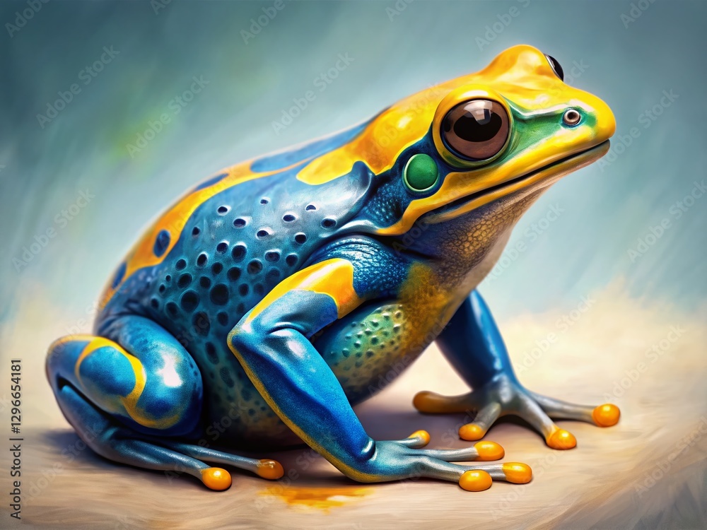Obraz premium Minimalist Frog Painting: Blue, Yellow Amphibian Art