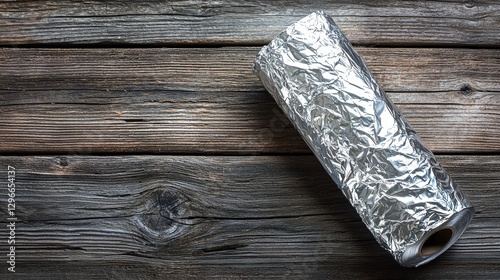 A deliciously foiled hot dog resting on a rustic wooden table ready to be enjoyed outdoors