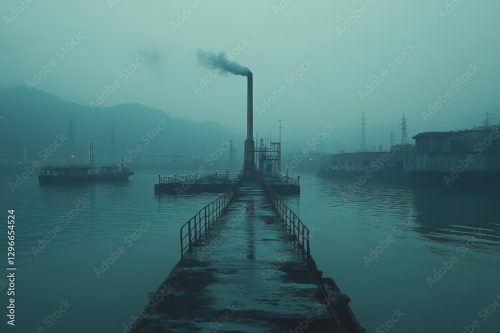 Obraz premium Abandoned wooden pier extending into a foggy lake with a mysterious atmosphere