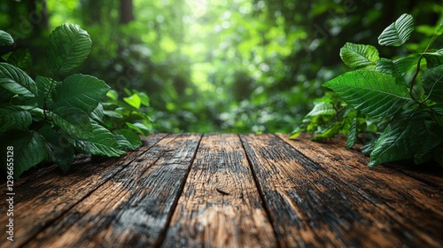 Vibrant wooden table decorated with fresh green leaves creating a natural and inviting scene photo