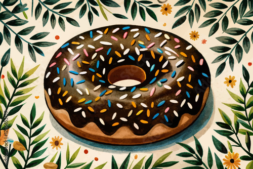 delicious donut on plate with funny background cartoon illustration
