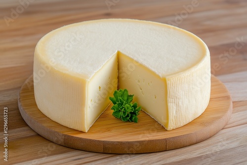 A wheel of Gouda cheese with a small wedge cut out, revealing its smooth texture