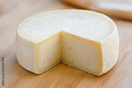 A wheel of Gouda cheese with a small wedge cut out, revealing its smooth texture