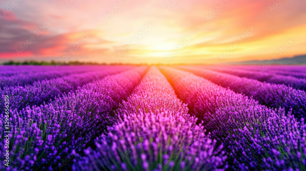 Obraz premium A field of purple lavender flowers with a beautiful sunset in the background. The sky is filled with a mix of colors, including pink, orange, and yellow. The flowers are arranged in neat rows