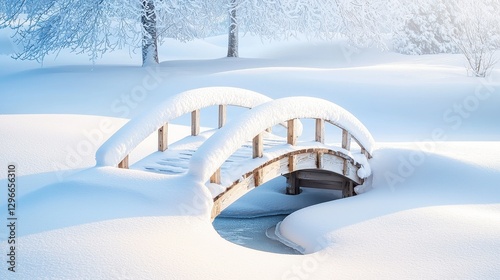 A small wooden bridge covered in snow, crossing over a frozen stream in a peaceful winter setting.