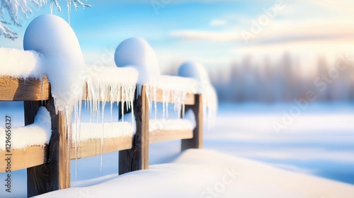A snow-covered wooden fence with icicles hanging from it, evoking a peaceful winter morning.