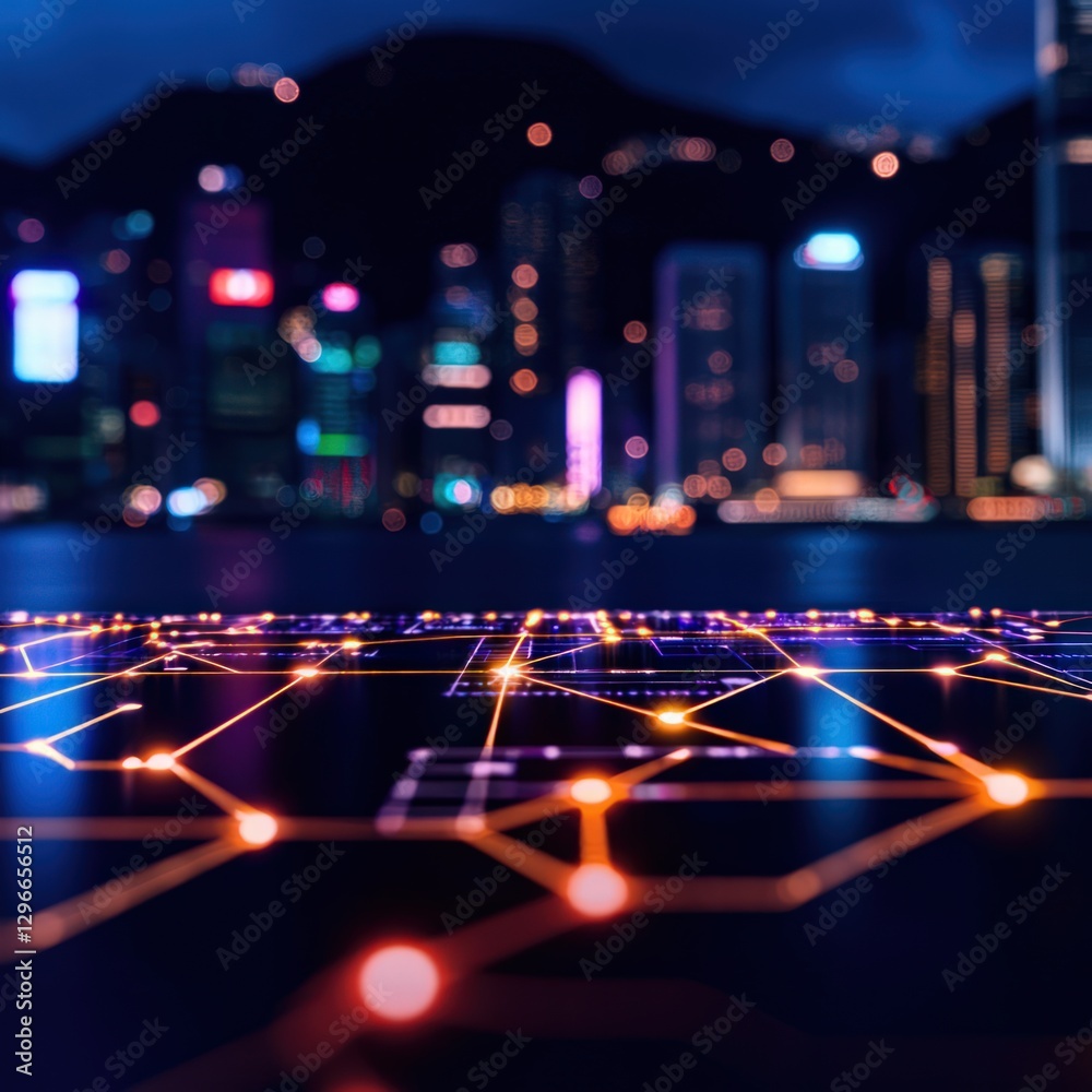 Futuristic Digital Network Connections in a Vibrant Urban City at Night Futuristic Digital Network Connections in a Vibrant Urban City at Night
