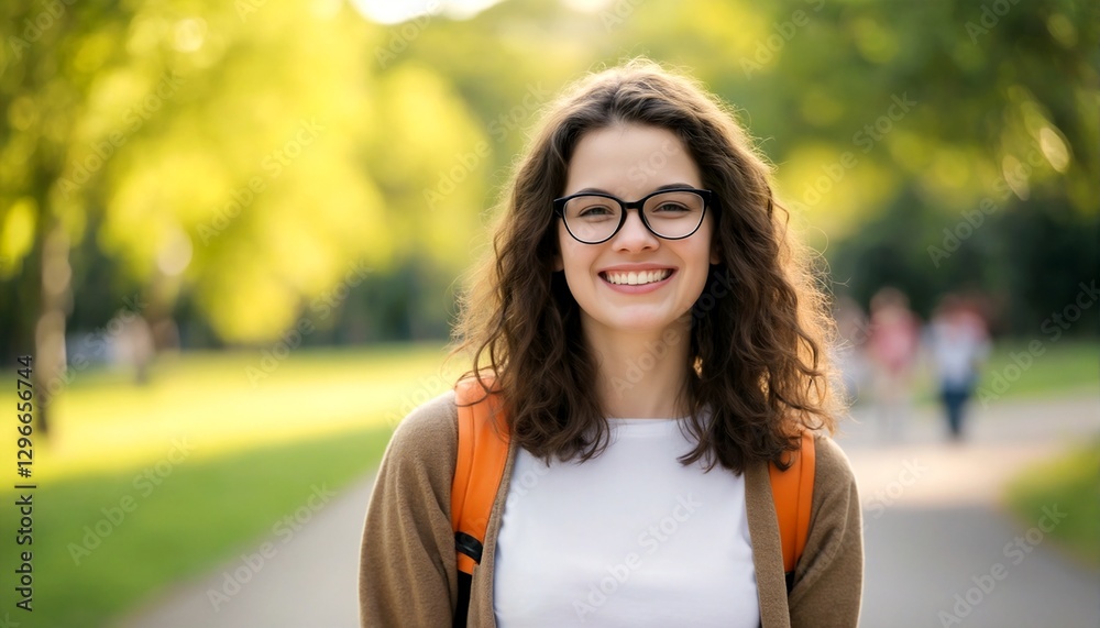 A young woman with glasses and an orange backpack walking on a path in a park. A young woman with glasses and an orange backpack walking on a path in a park.