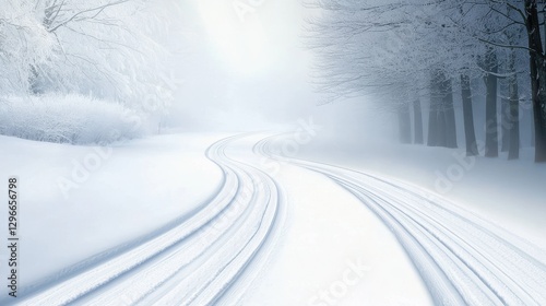 A winter road covered in fresh snow, with tire tracks disappearing into a foggy, snow-laden forest.