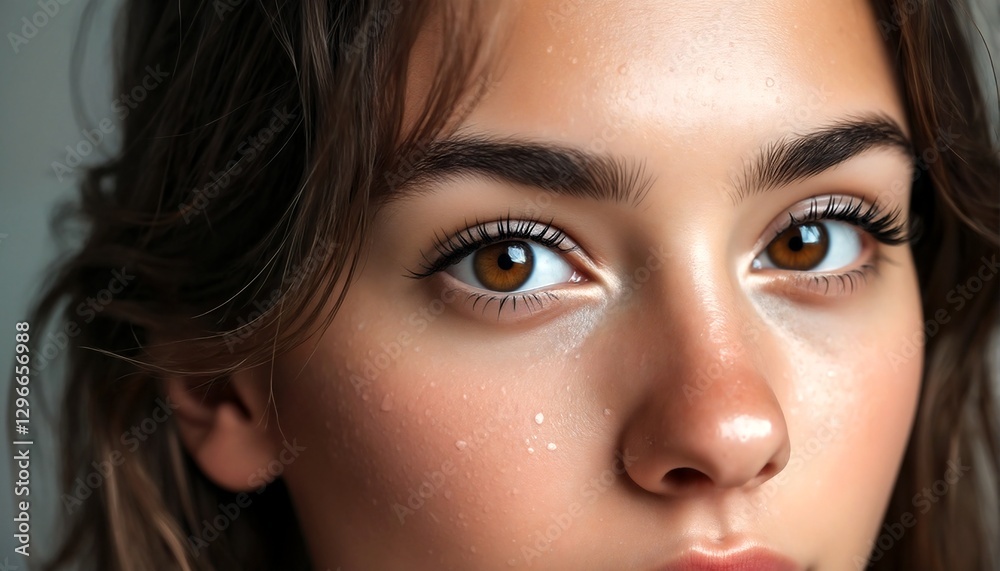 Obraz premium A close-up of a young woman's face with brown eyes and long eyelashes, looking slightly to the left.