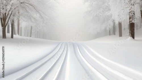 A winter road covered in fresh snow, with tire tracks disappearing into a foggy, snow-laden forest.
