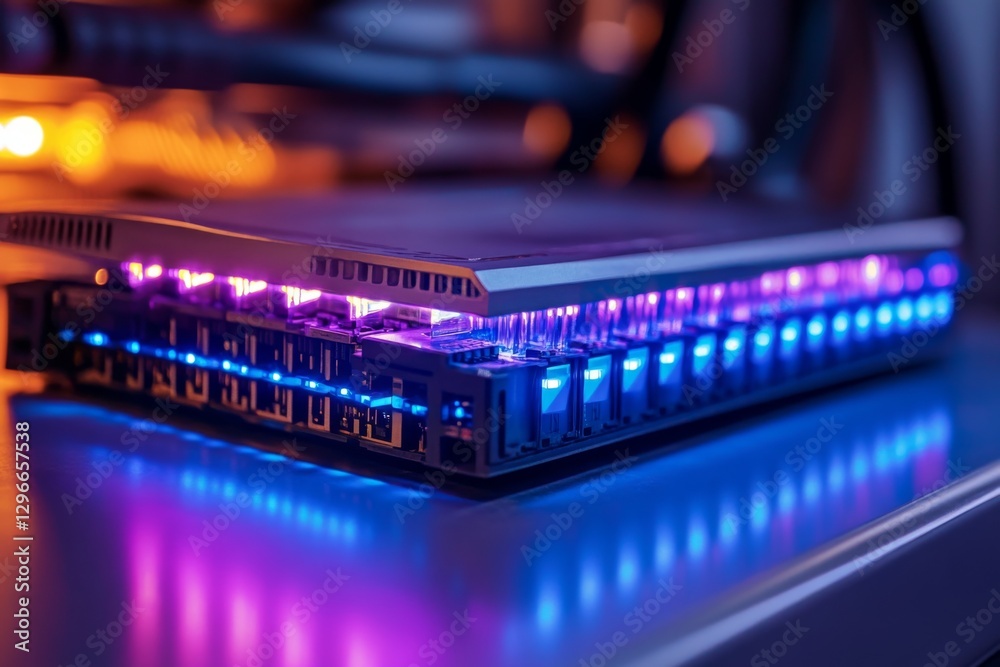 Close-up of futuristic glowing data servers with neon accents Close-up of futuristic glowing data servers with neon accents
