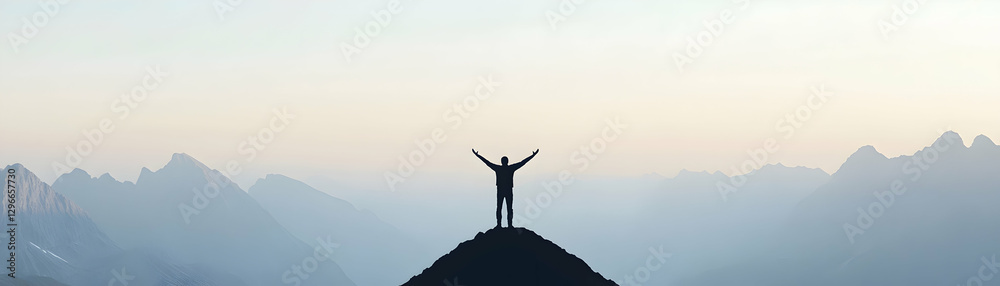 Person Standing on Mountain Peak with Hands Raised at Sunrise Person Standing on Mountain Peak with Hands Raised at Sunrise