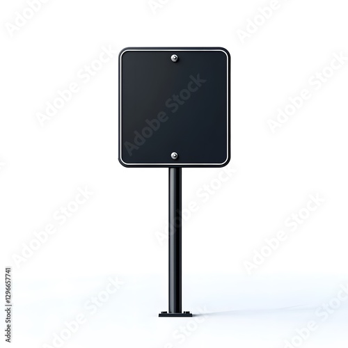 A black square sign with a silver trim and post stands