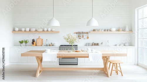 Rustic farmhouse kitchen with a reclaimed wood dining table, linen napkins, and vintage kitchen tools displayed on the wall.