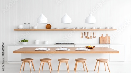 Rustic farmhouse kitchen with a reclaimed wood dining table, linen napkins, and vintage kitchen tools displayed on the wall.