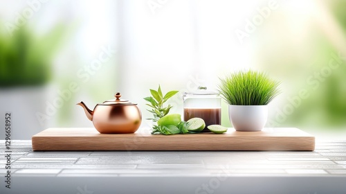 Wallpaper Mural Rustic kitchen scene featuring a wooden butcher block, vintage copper teapots, and a textured brick backsplash. Torontodigital.ca