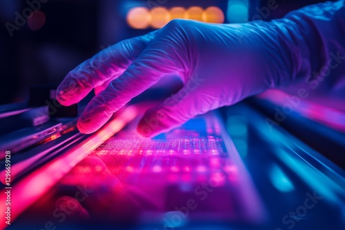Close-up of hands working on a futuristic neon-lit keyboard