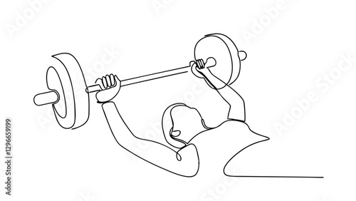 A minimalist line art drawing depicts a person performing a barbell bench press. The singleline illustration focuses on the action and form of the weightlifting exercise.