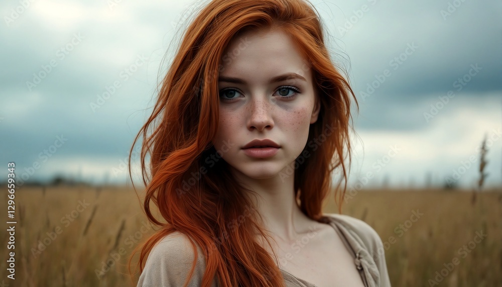Portrait of a young woman with striking red hair standing in a field. Portrait of a young woman with striking red hair standing in a field.