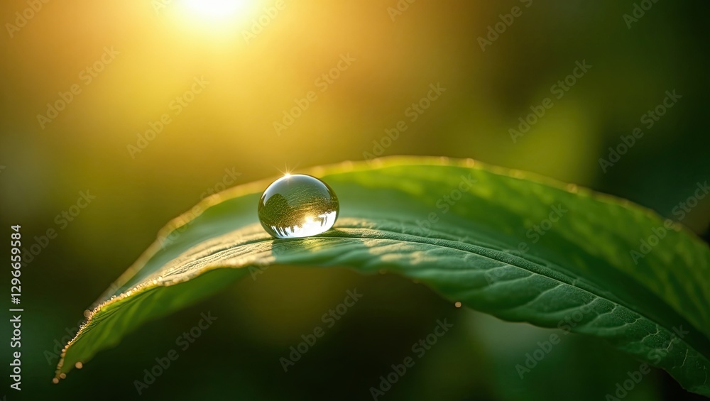 Luminous Dew Drop on Green Leaf Reflecting Morning Sunlight Luminous Dew Drop on Green Leaf Reflecting Morning Sunlight