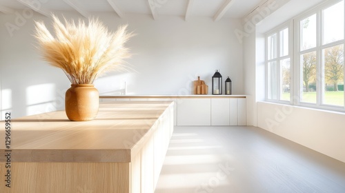 Warm-toned rustic kitchen with a large wooden island, antique metal lanterns, and decorative dried flowers in a clay vase.