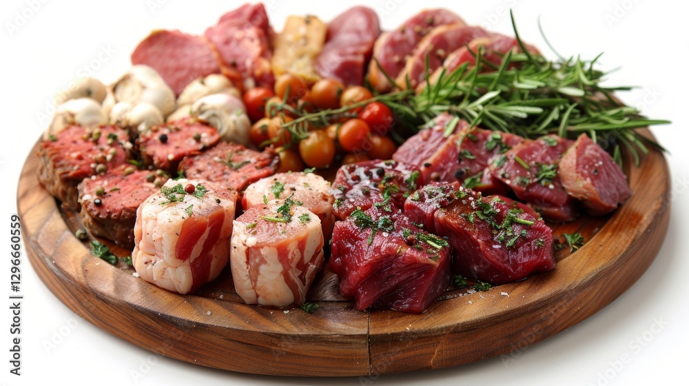 Assorted meats on a wooden board with herbs and vegetables, perfect for restaurant menus, cookbooks and meat product advertising. Assorted meats on a wooden board with herbs and vegetables, perfect for restaurant menus, cookbooks and meat product advertising.