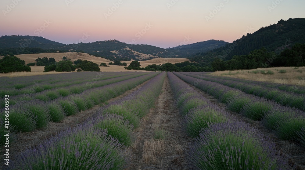 Fototapeta premium Lavender Field at Dusk with Rolling Hills and Pastel Sky