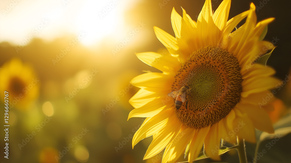 Honey bee collecting pollen at blooming yellow sunflower. Honey bee collecting pollen at blooming yellow sunflower.