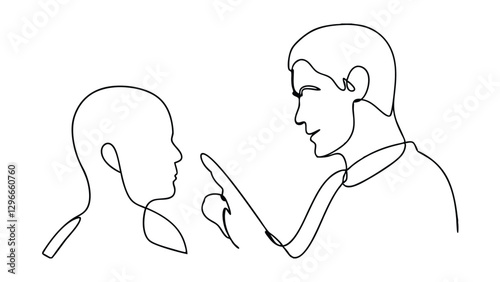 A singleline drawing depicts a father sternly addressing his child. The fathers expression is serious, finger pointed towards the child. The scene suggests discipline or instruction.