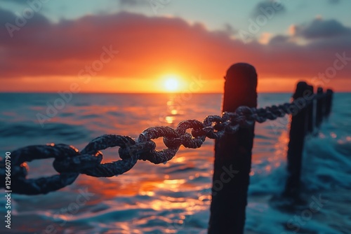 Chain fence on the pier during a colorful sunset photo