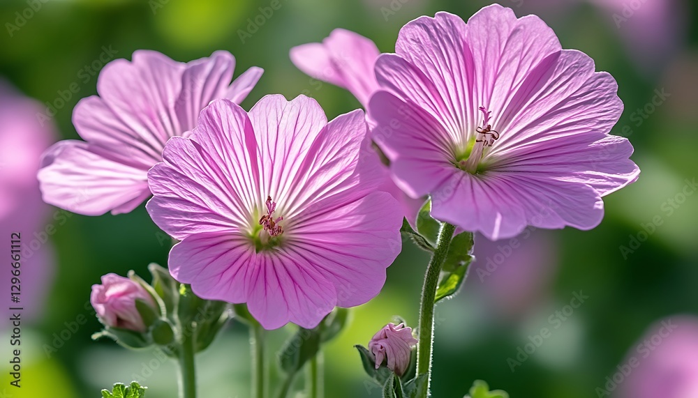 Fototapeta premium Pink flowers bloom in garden sunlight