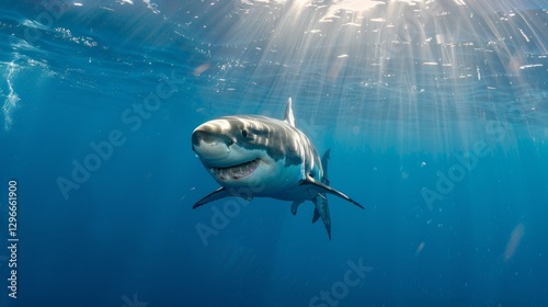 A majestic great white shark gliding smoothly in deep waters under penetrating sunlight creates a dramatic and exciting scene that would be appropriate for popular science articles photo