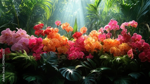 A tropical paradise filled with orchids and lush green foliage, vibrant exotic colors